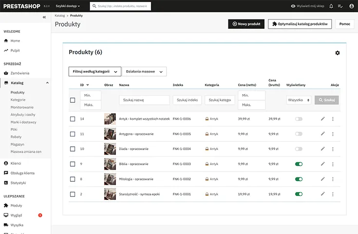 Zrzut ekranu panelu administracyjnego Prestashop