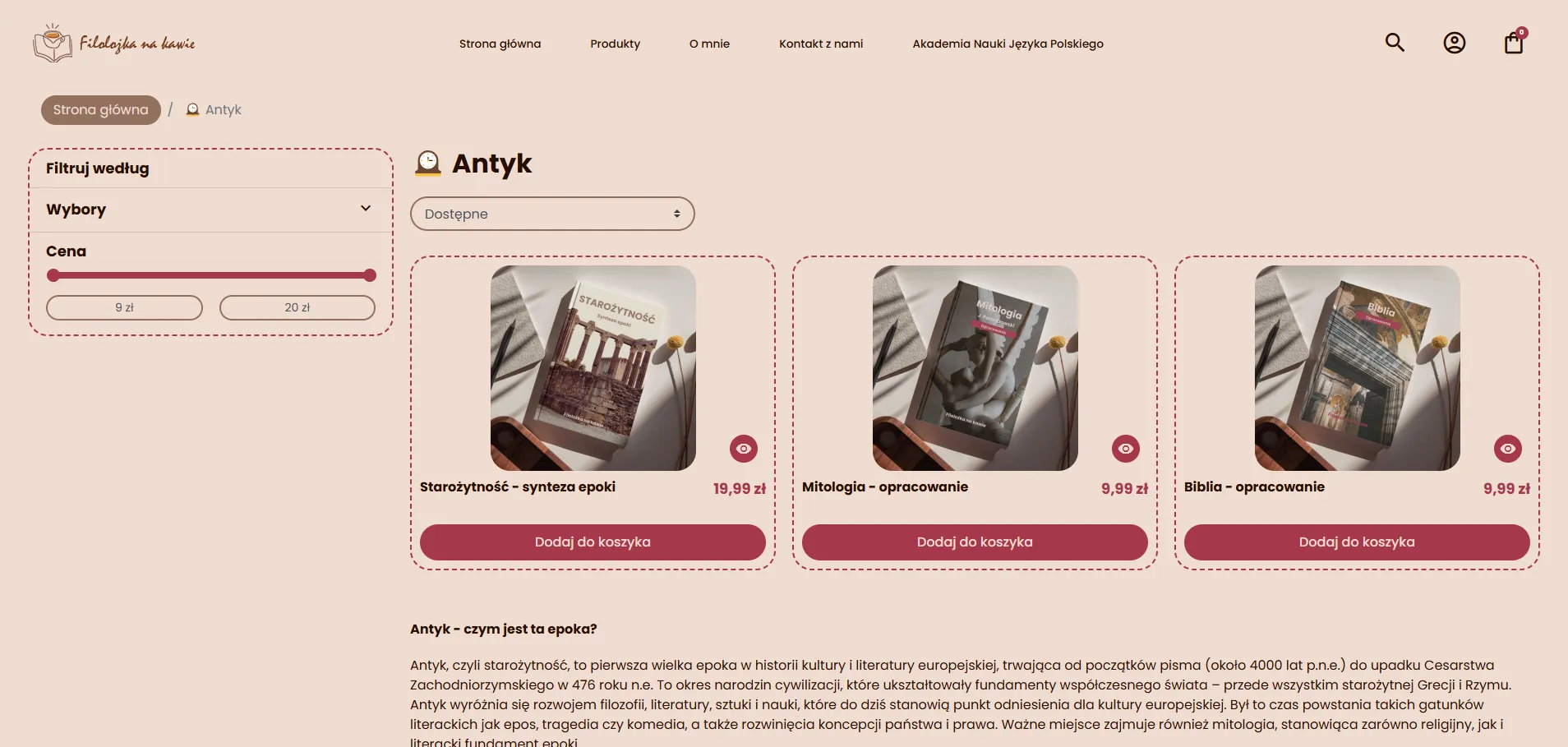 Zrzut ekranu listy produktów sklepu filolozkanakawie.pl