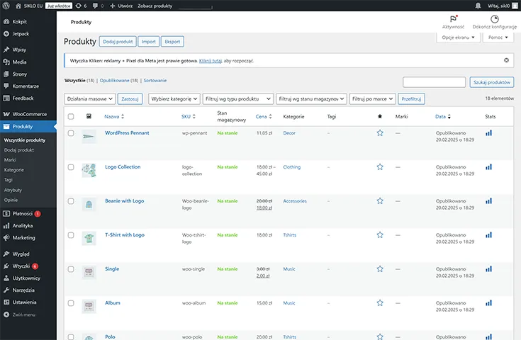 Zrzut ekranu panelu administracyjnego WooCommerce