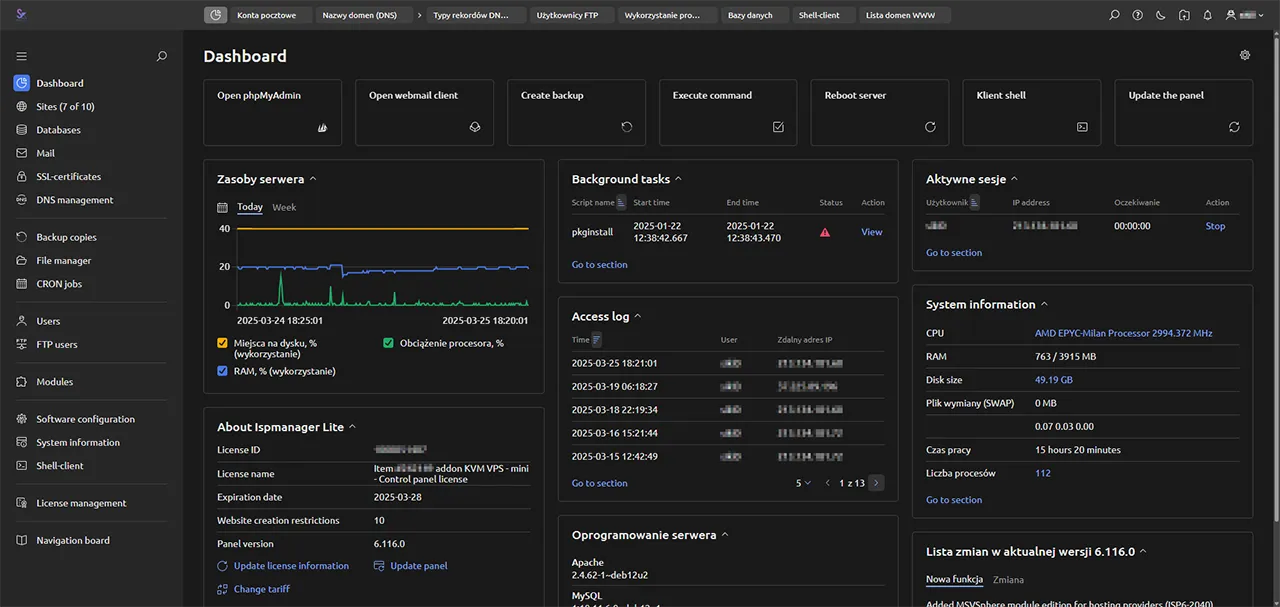Zrzut ekranu panelu administracyjnego ISPManager