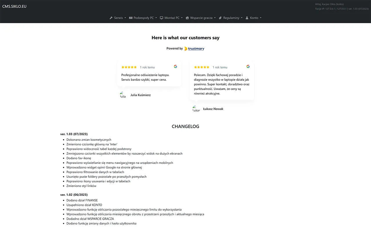 Screenshot of the homepage of the computer service system