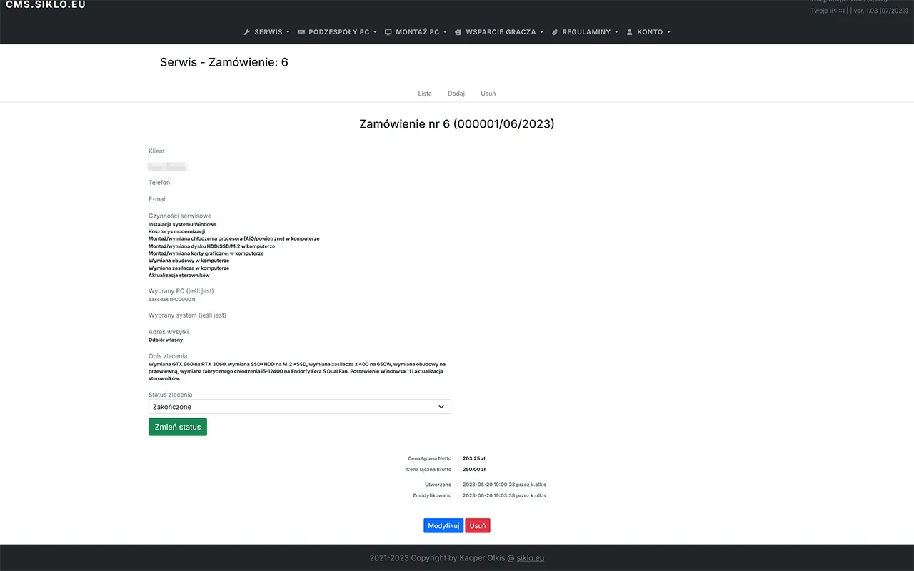 Screenshot of handling requests and orders in the computer service system