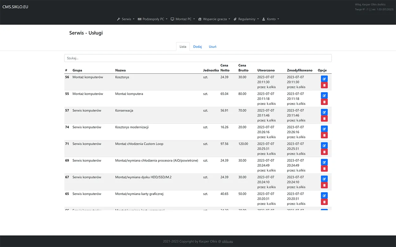 Screenshot of managing offered services in the computer service system