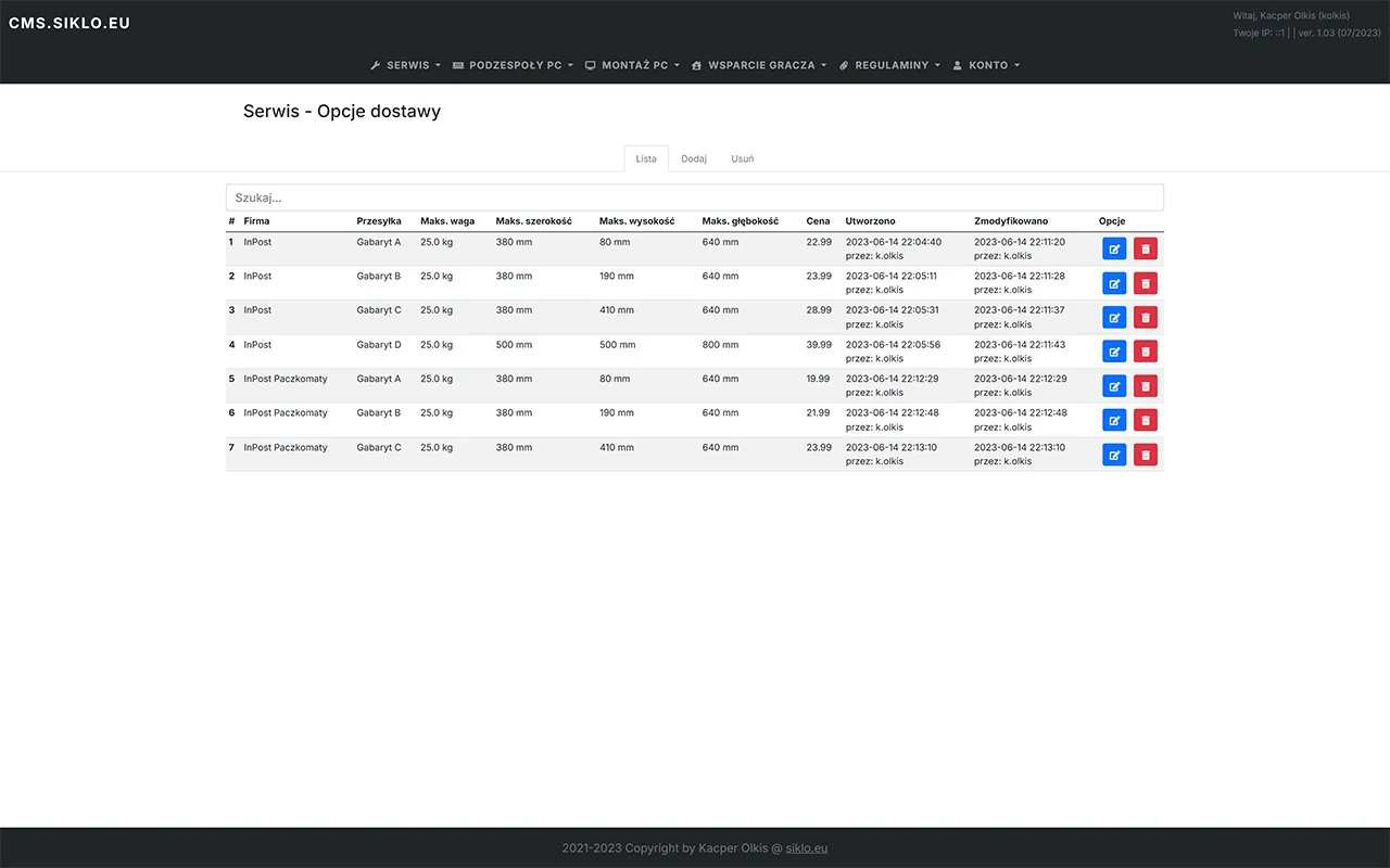 Screenshot of delivery options in the computer service system