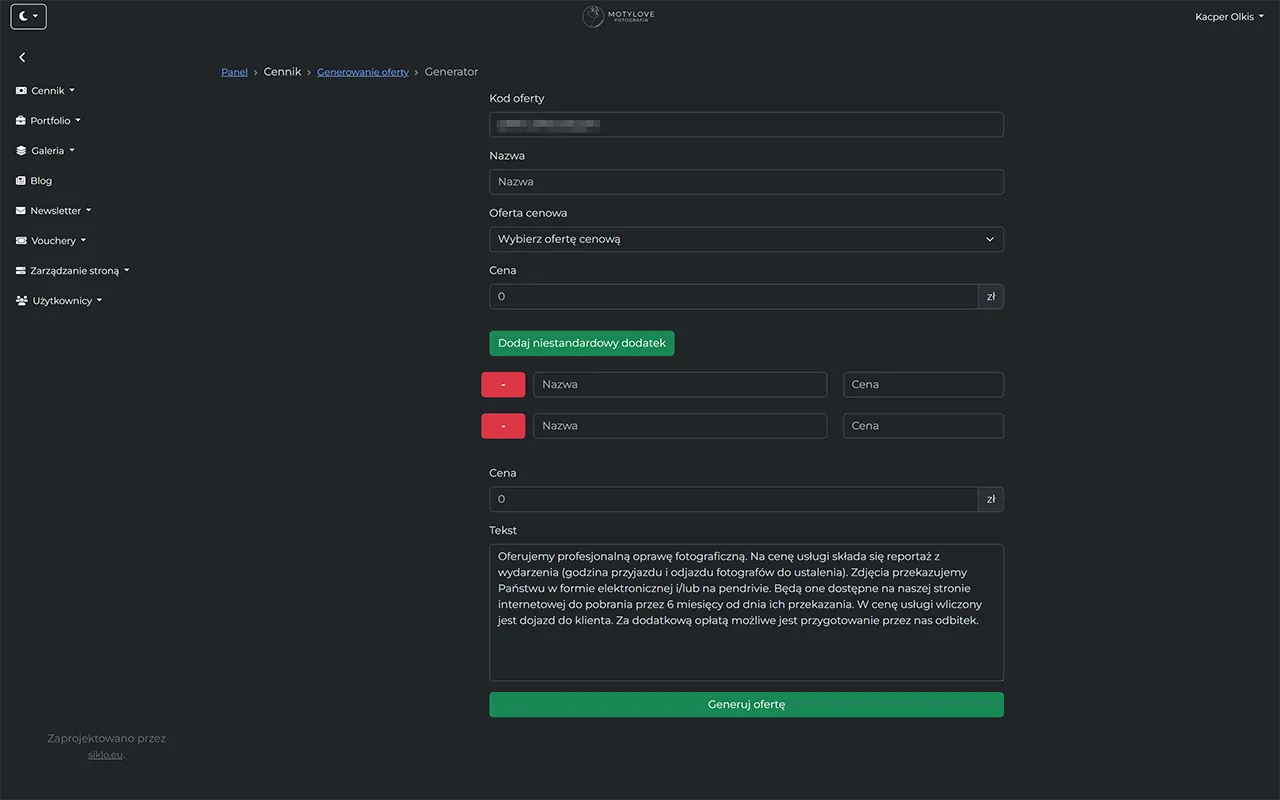 Screenshot of generating offers as images in the photographer's system