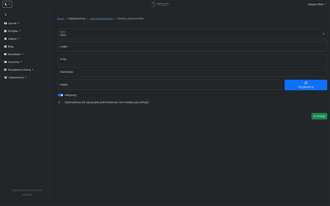 Screenshot of adding a user in the photographer's system