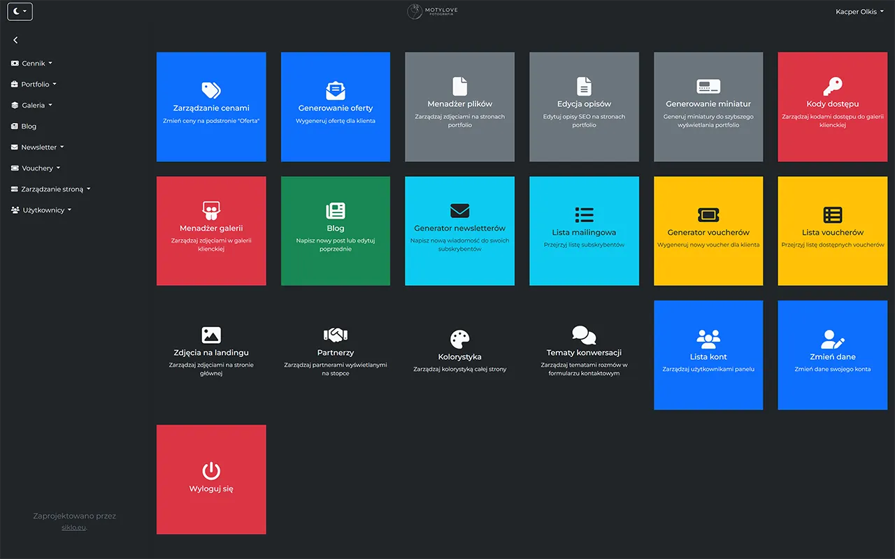 Screenshot of the homepage of the photographer's system