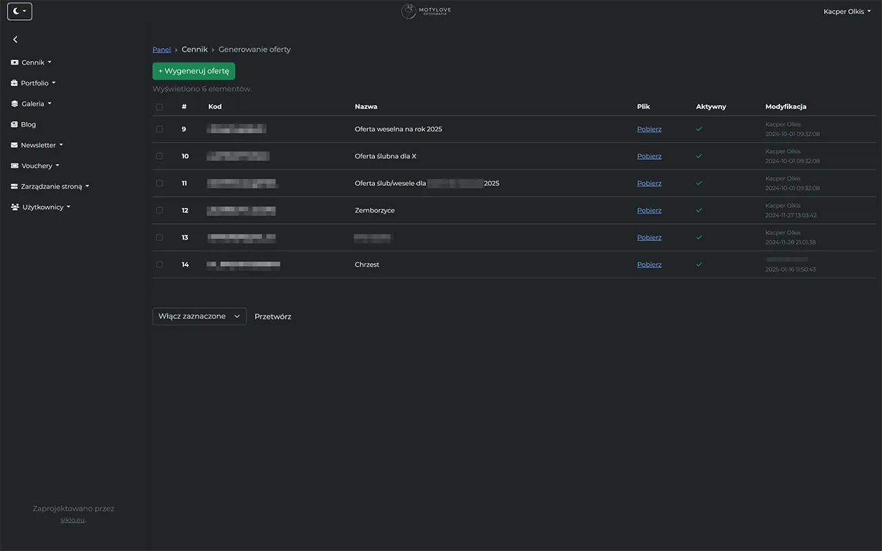 Screenshot of managing personalised offers in the photographer's system