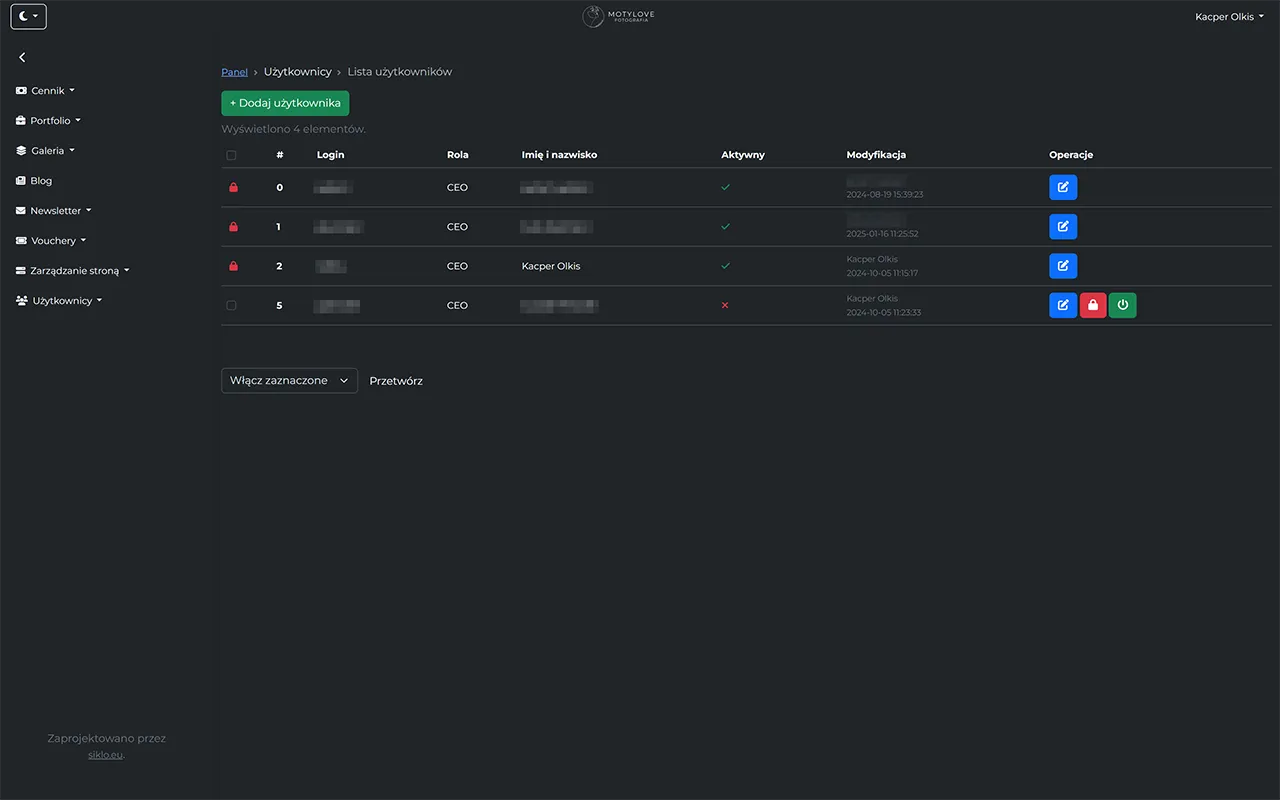Screenshot of user management in the photographer's system